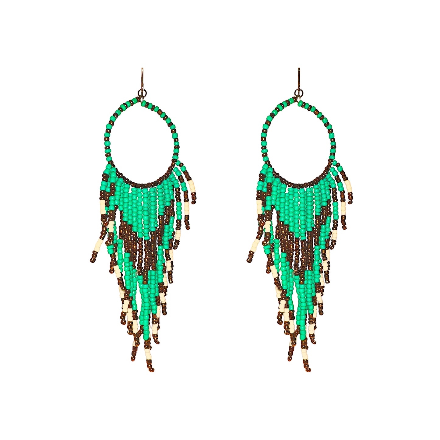 Titanium Handcrafted beadwork hoop earrings. turquoise brown white beads traditional native inspired on a white background