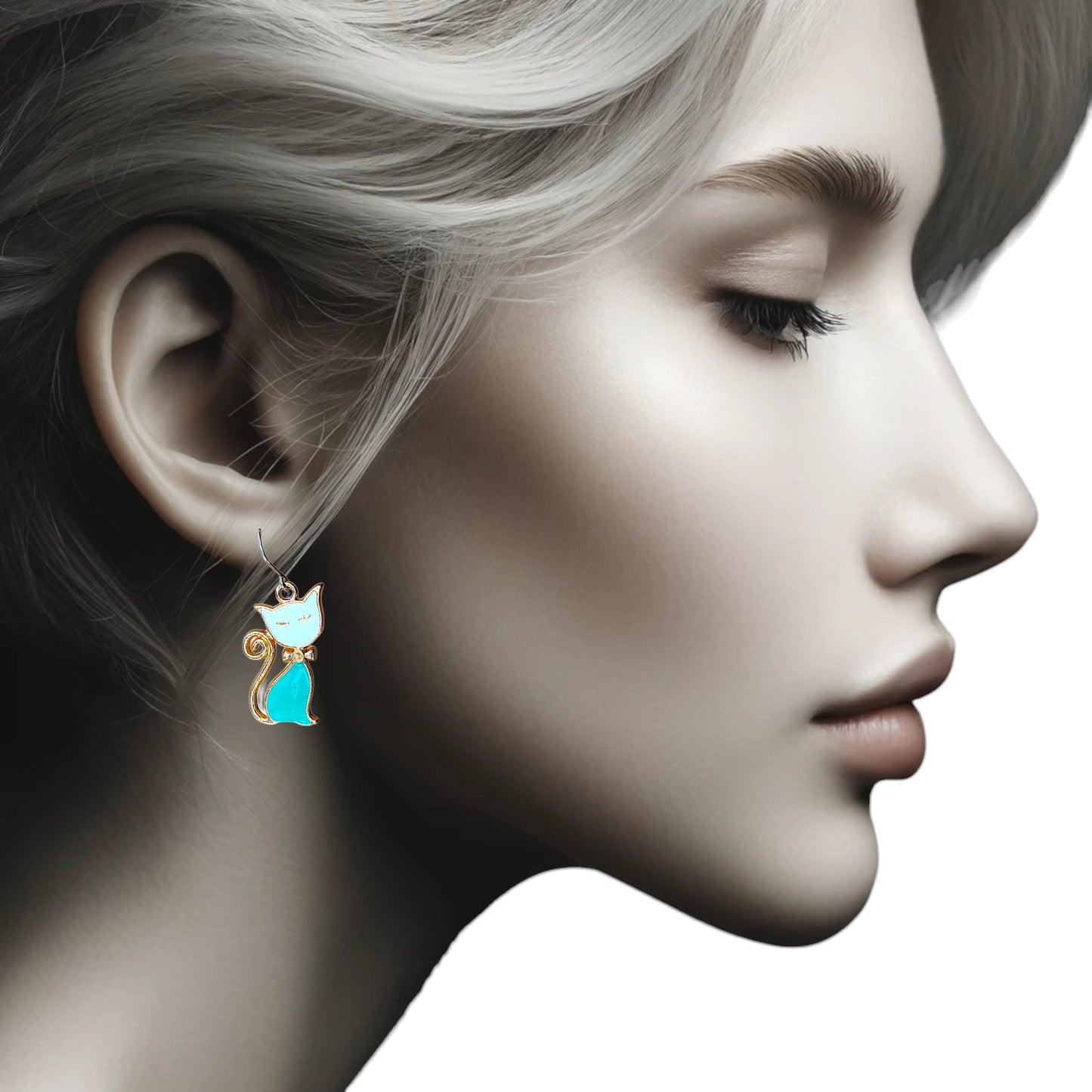 Cat Charm earrings. In 5 colours. on a white young woman. green