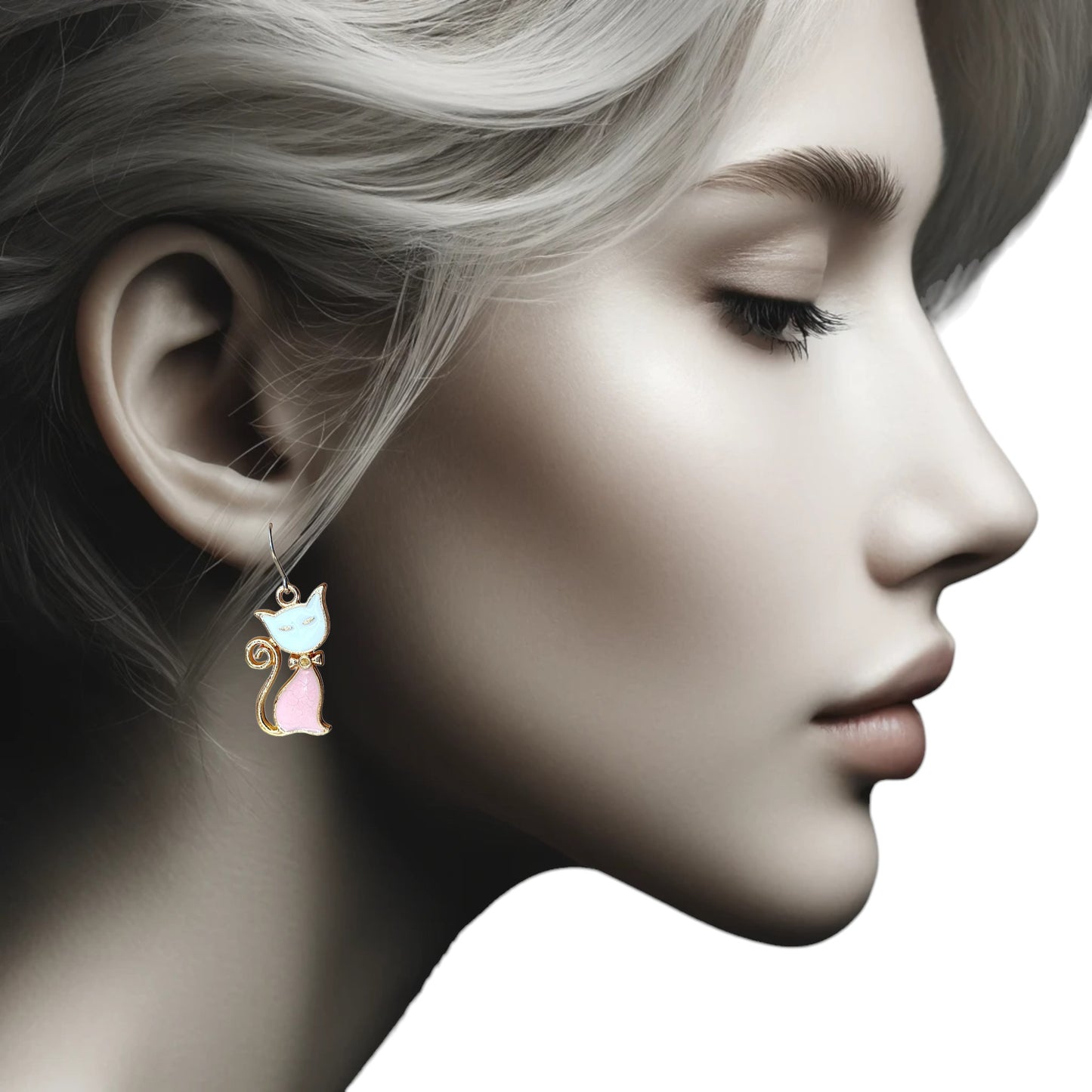 Cat Charm earrings. In 5 colours. on a white young woman. pink