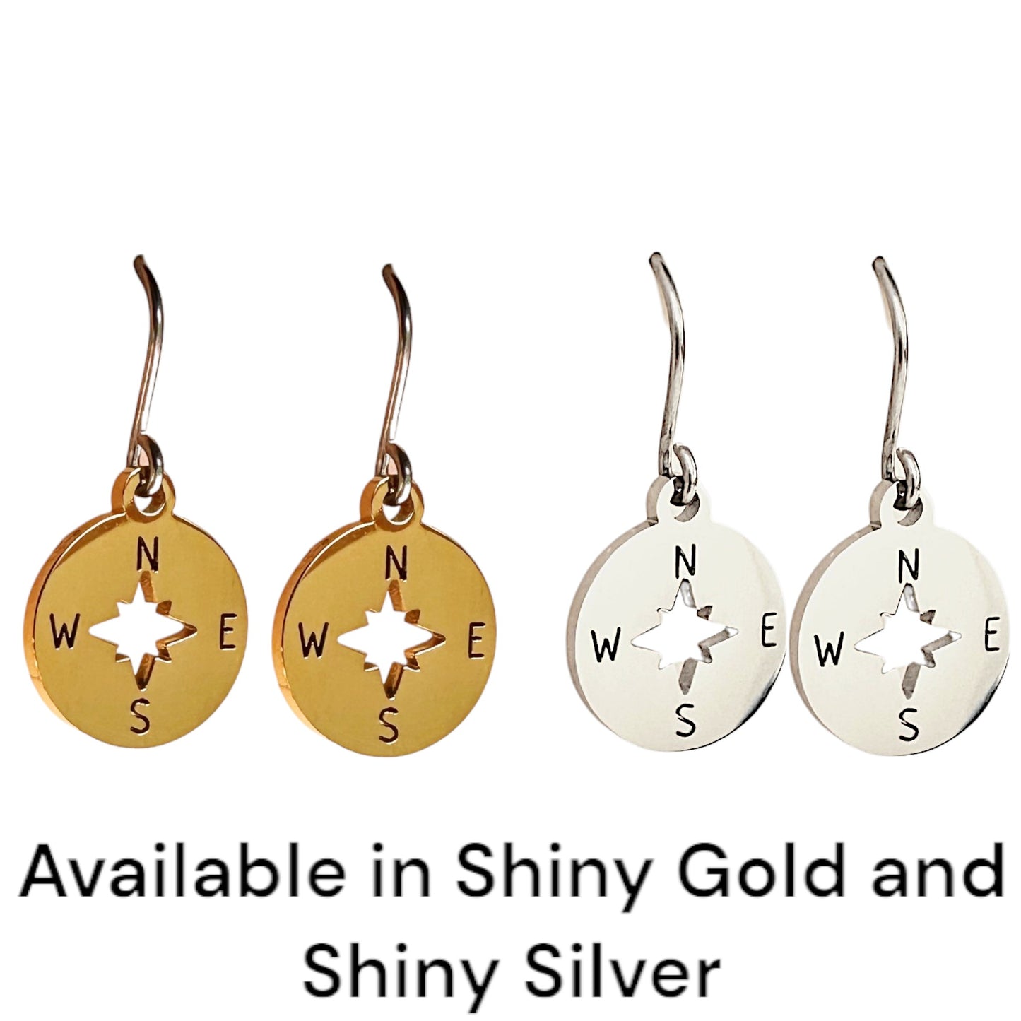 Compass earrings with titanium hooks. Shiny Gold or silver.