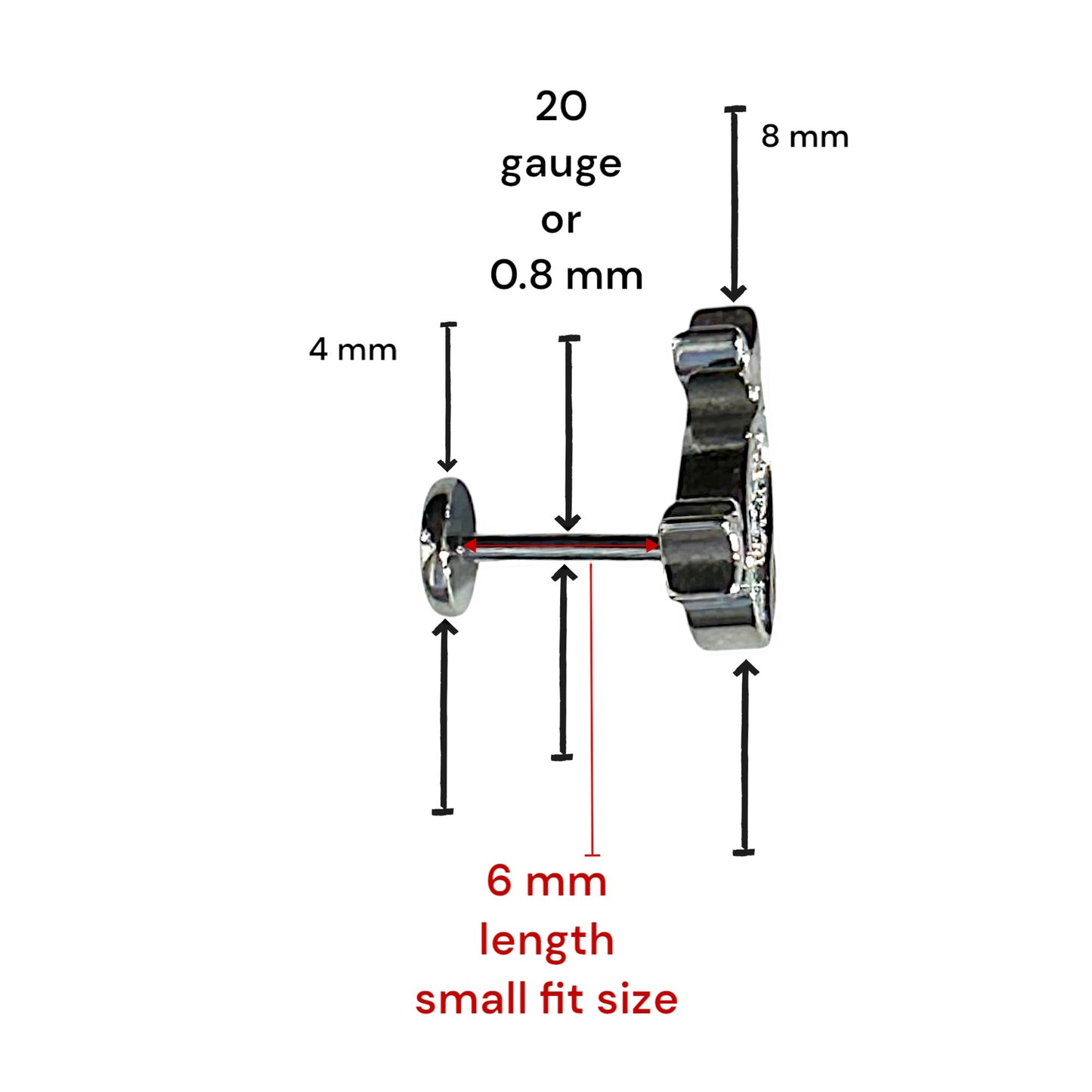Measurement chart of a small fit size earring with dimensions labeled.