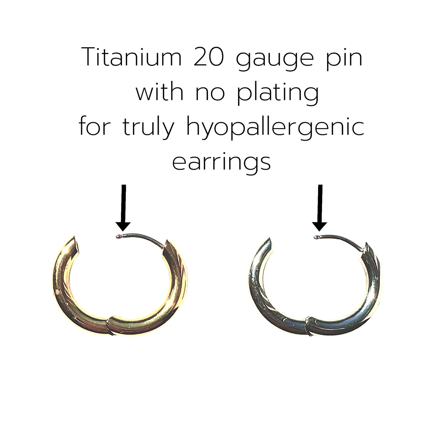 Two titanium hoop earrings with text indicating titanium 20 gauge pin and hypoallergenic feature on a white background.