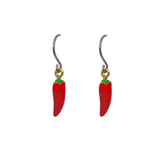 Red small hot pepper titanium earrings for sensitive ears on a white. background