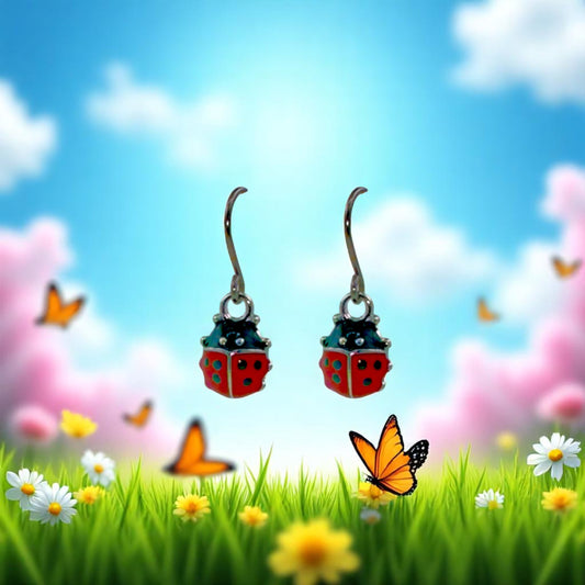 Ladybug earrings with a titanium hook on a blue sky spring background