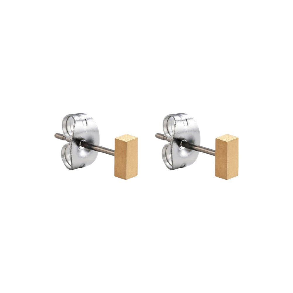 Mini Gold Bar Studs solid titanium studs and backs- Feature a small and minimal design on a white background