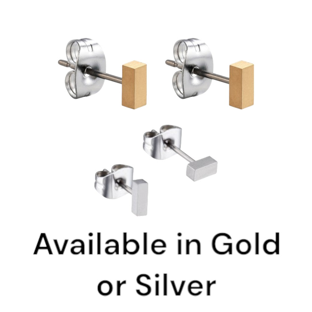 Mini Gold and silver Bar Studs-solid titanium studs and backs- Feature a small and minimal design on a white background