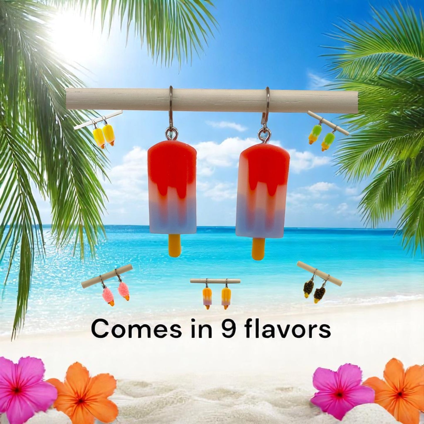 Popsicle earrings with a titanium hook on a beach background. 9 flavors