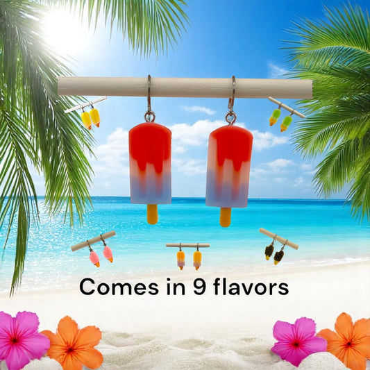 Popsicle earrings with a titanium hook on a beach background.  9 flavors