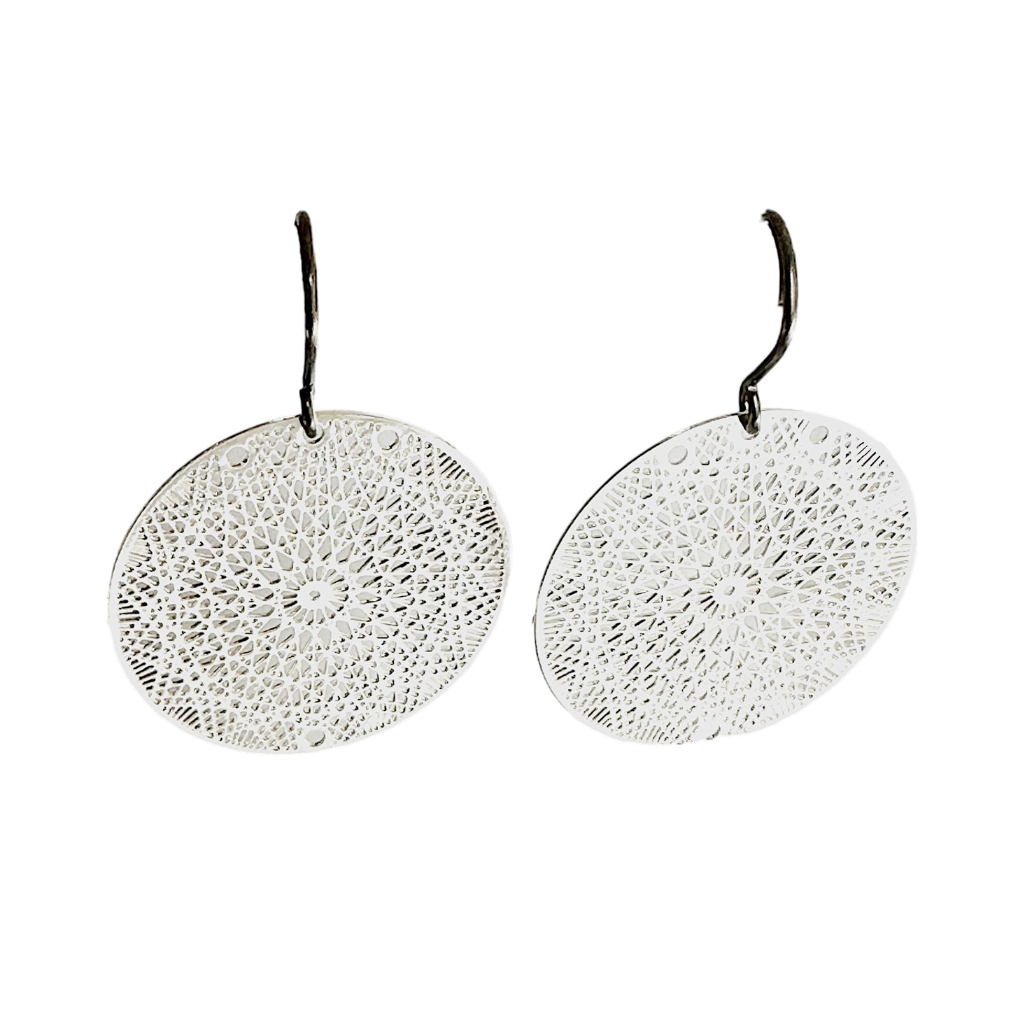 Silver geometric disc earrings with a titanium hook on a white background