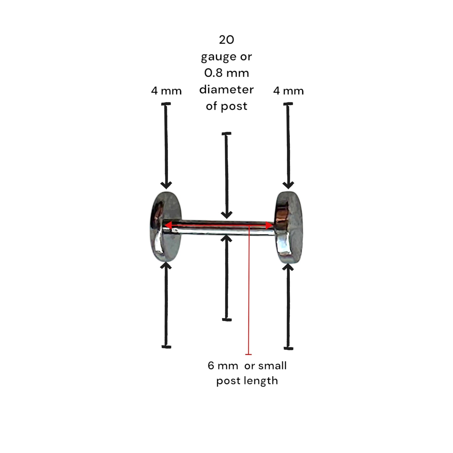 Titanium dremel flat back stud 6 mm measured on a white background