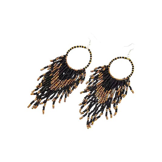Titanium Handcrafted beadwork hoop earrings brown gold beads north of north cbc tv inspired on a white background