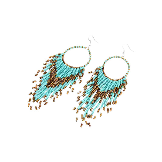 Titanium Handcrafted beadwork hoop earrings turquoise brown gold beads north of north cbc tv inspired on a white background