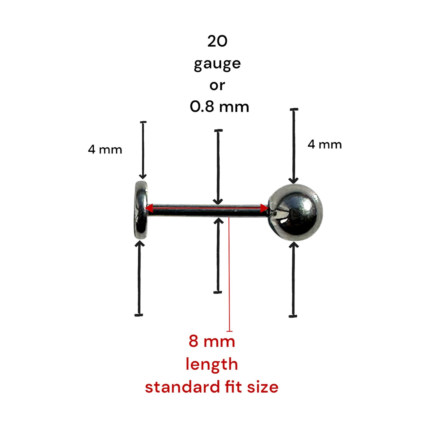 Titanium silver 4 mm ball flat back stud 8 mm long measured on a white background