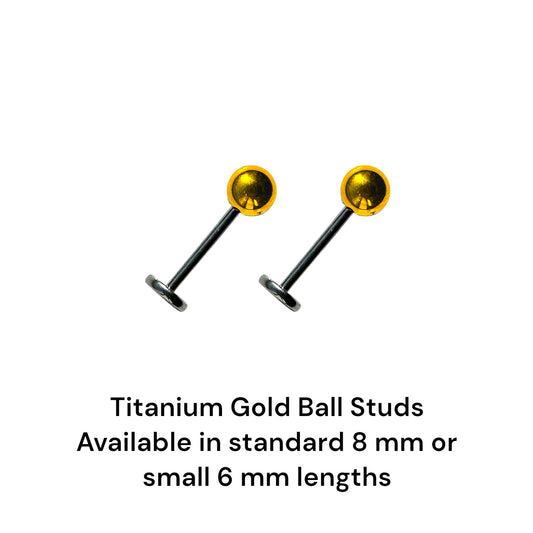 Titanium Flat Back Push-In Gold 4 mm Ball Studs in 4 or 6 mm in lengths on a white background