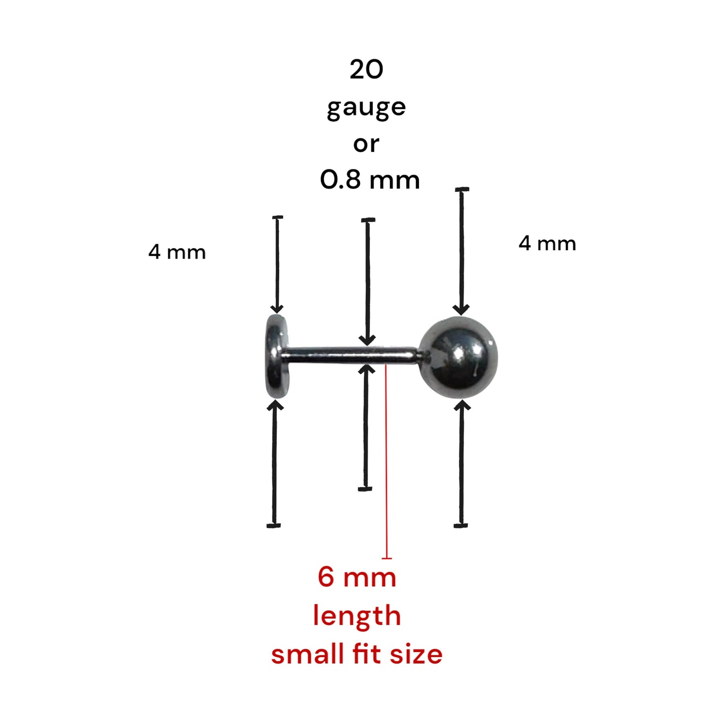Titanium silver 4 mm ball flat back stud 6 mm long measured on a white background