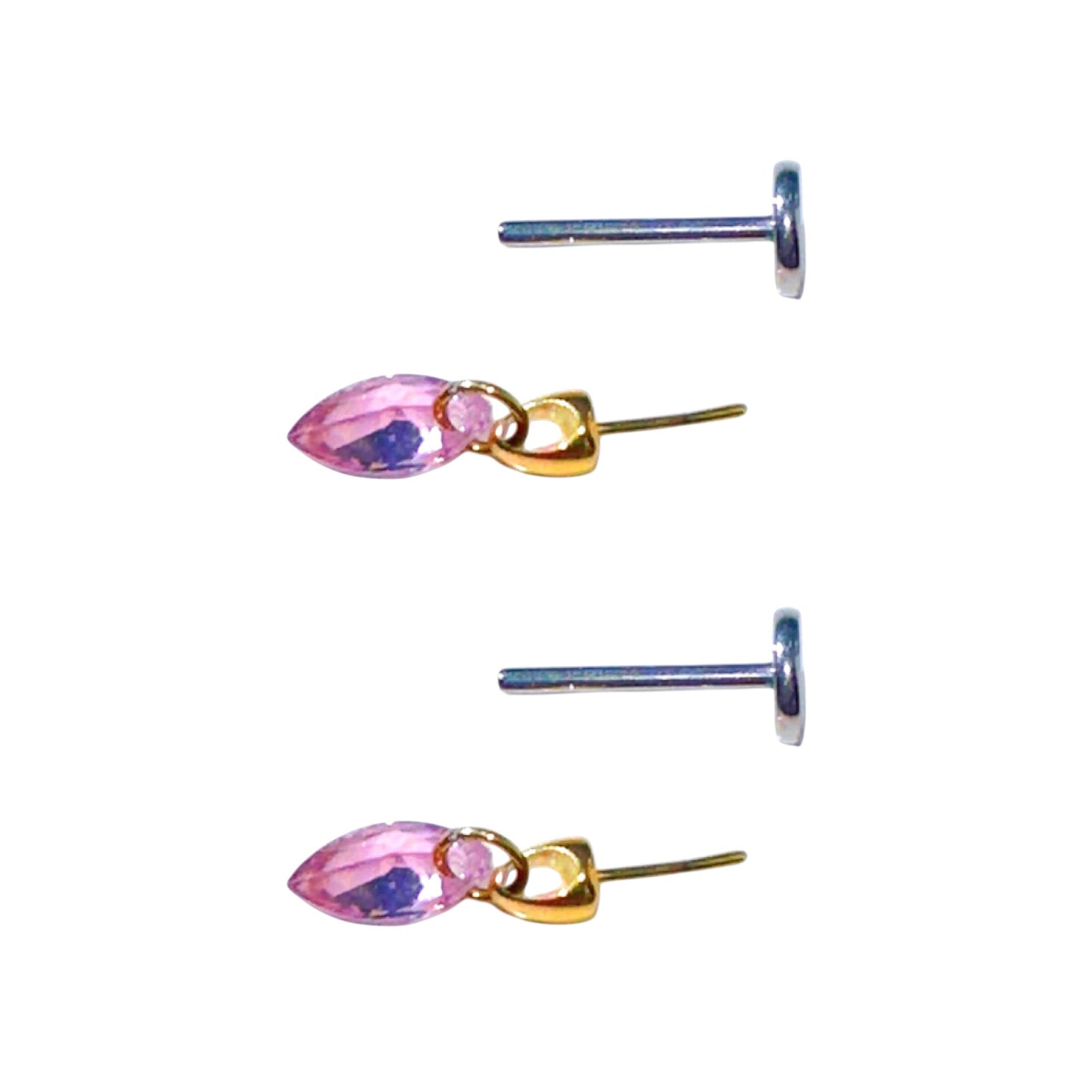 Pair of titanium gold and pink flat back push in earrings on a white background