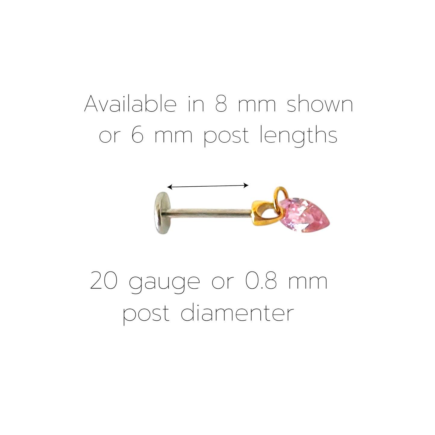 Hanging Marquise Pink flat back push in earring gemstone measured on a white background