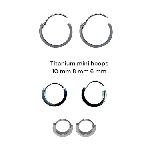 Titanium Small Hoops Silver 8 mm 10 mm 6 mm on a white background