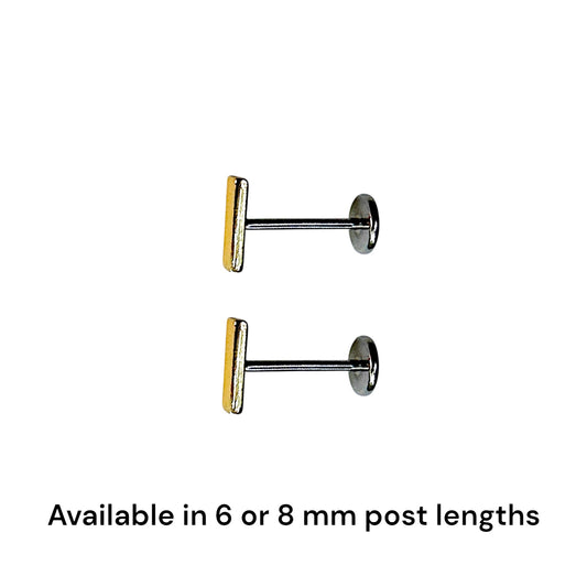 Titanium gold bar flat back threadless studs 2 sizes available on a white background