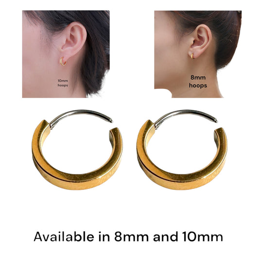 Gold 8mm (5/16") and 10mm (3/8") titanium hoops for sensitive ears