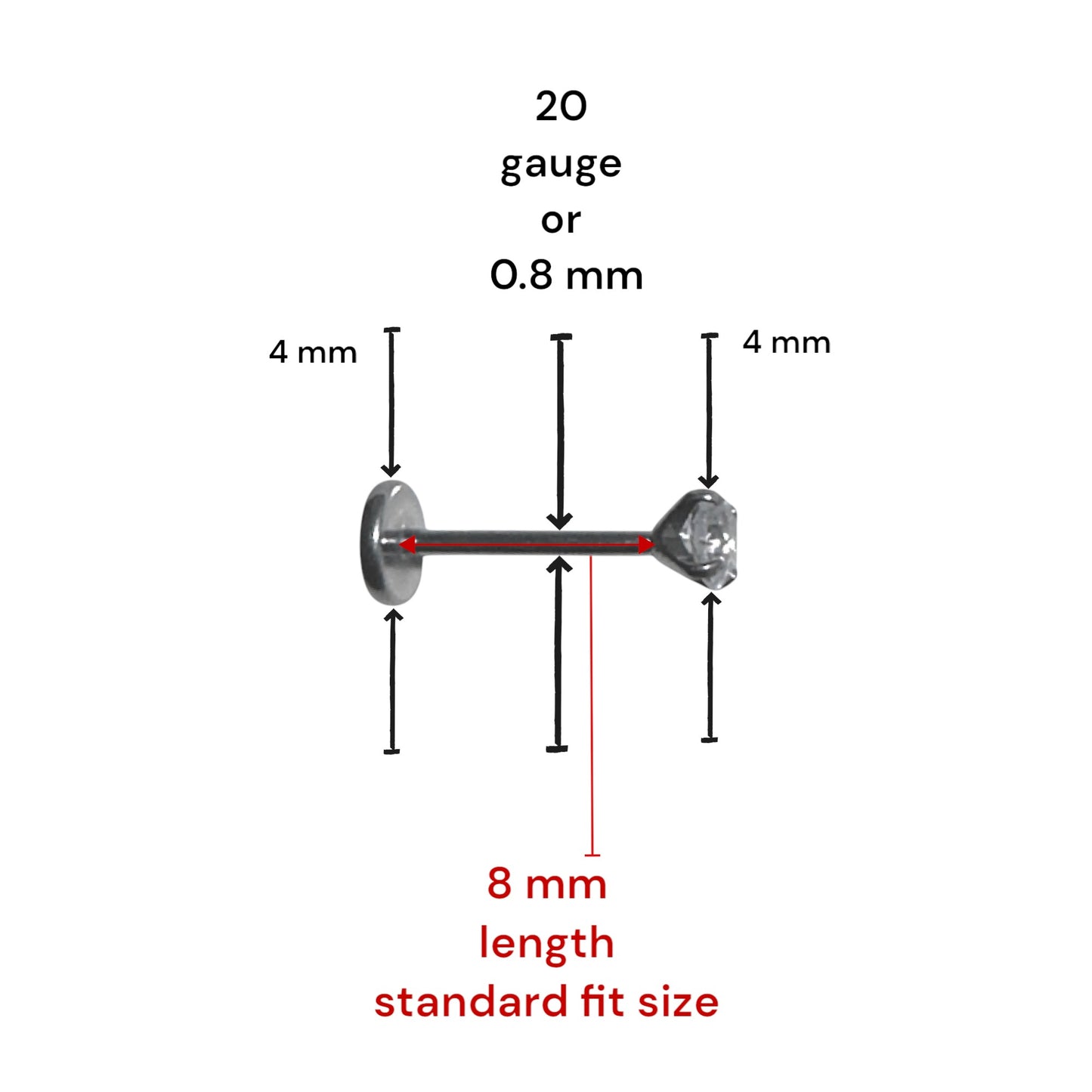 Titanium gem flat back threadless stud measured 8 mm in length