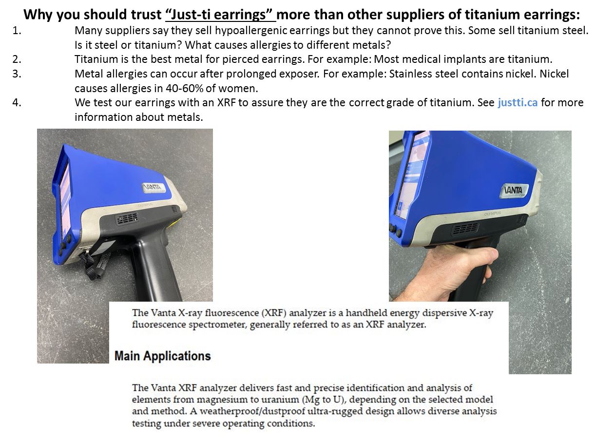 Testing X-ray tool to assure earrings are the correct grade of titanium. XRF