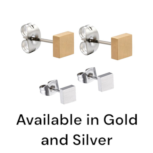 mini titanium gold and silver square studs on a white background