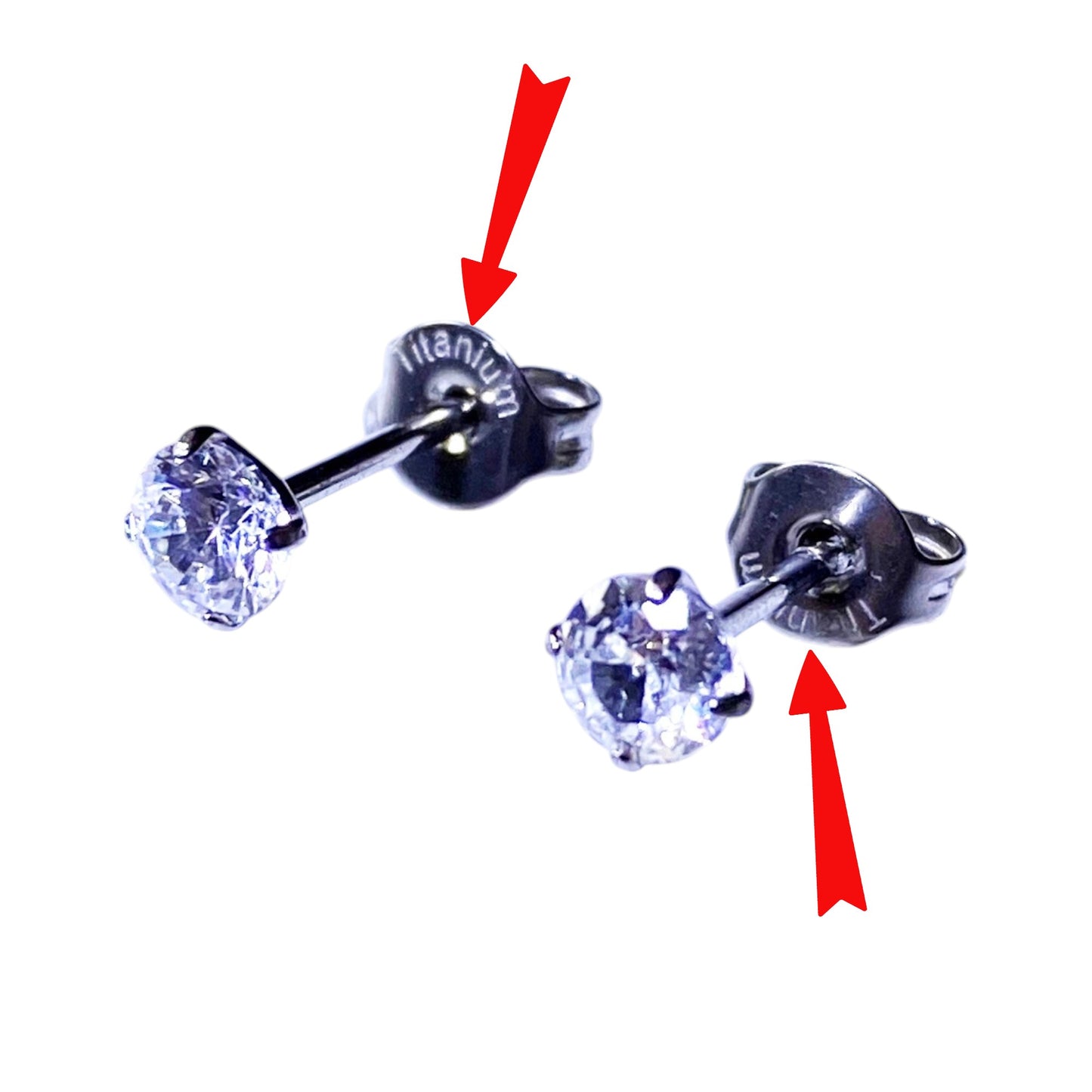 Diamond Gem Titanium Studs 4 mm standard fit with red arrows showing titanium