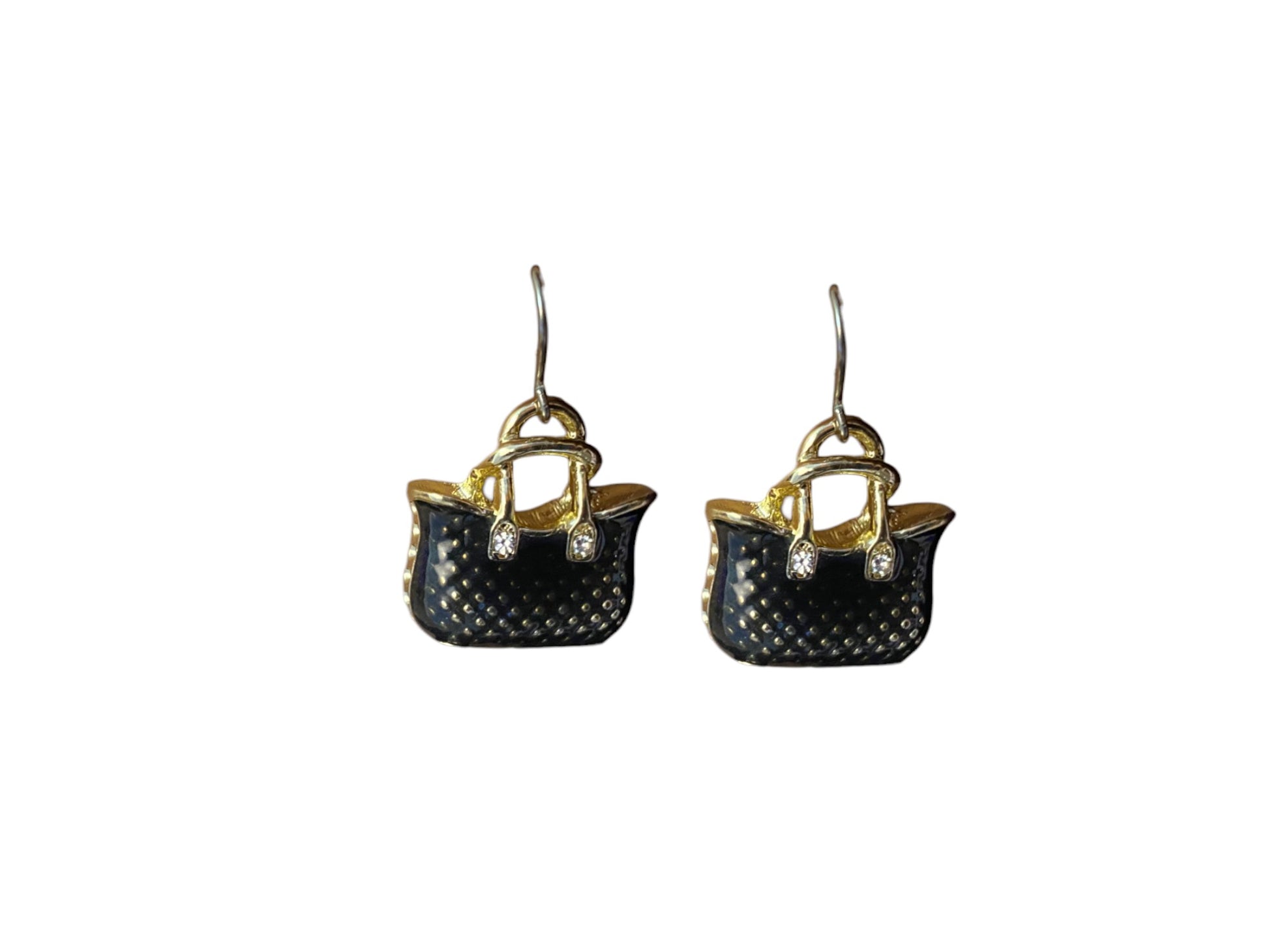 Handbag Charm earrings with a titanium hook on a white background. black