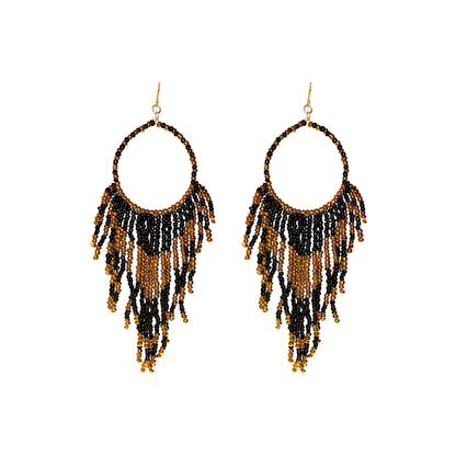 Beadwork Hoop Earrings – Brown & Black Ethnic Style