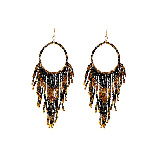Beadwork Hoop Earrings – Brown & Black Ethnic Style