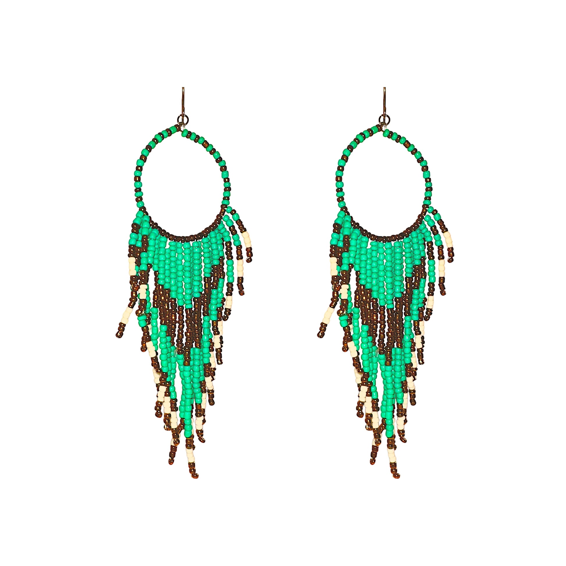 Titanium Handcrafted beadwork hoop earrings. turquoise brown white beads traditional native inspired on a white background
