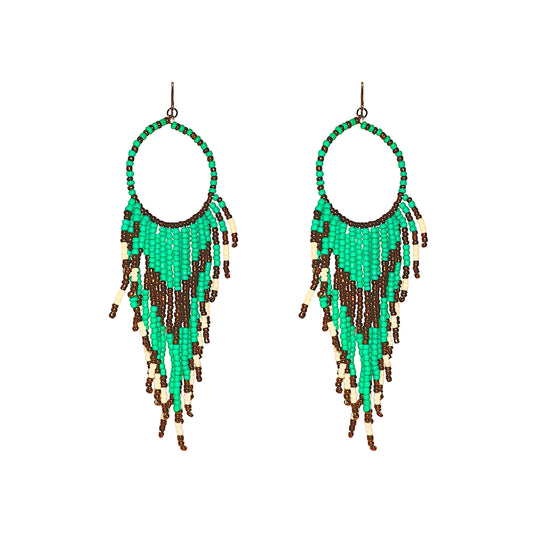 Titanium Handcrafted beadwork hoop earrings. turquoise brown white beads traditional native inspired on a white background
