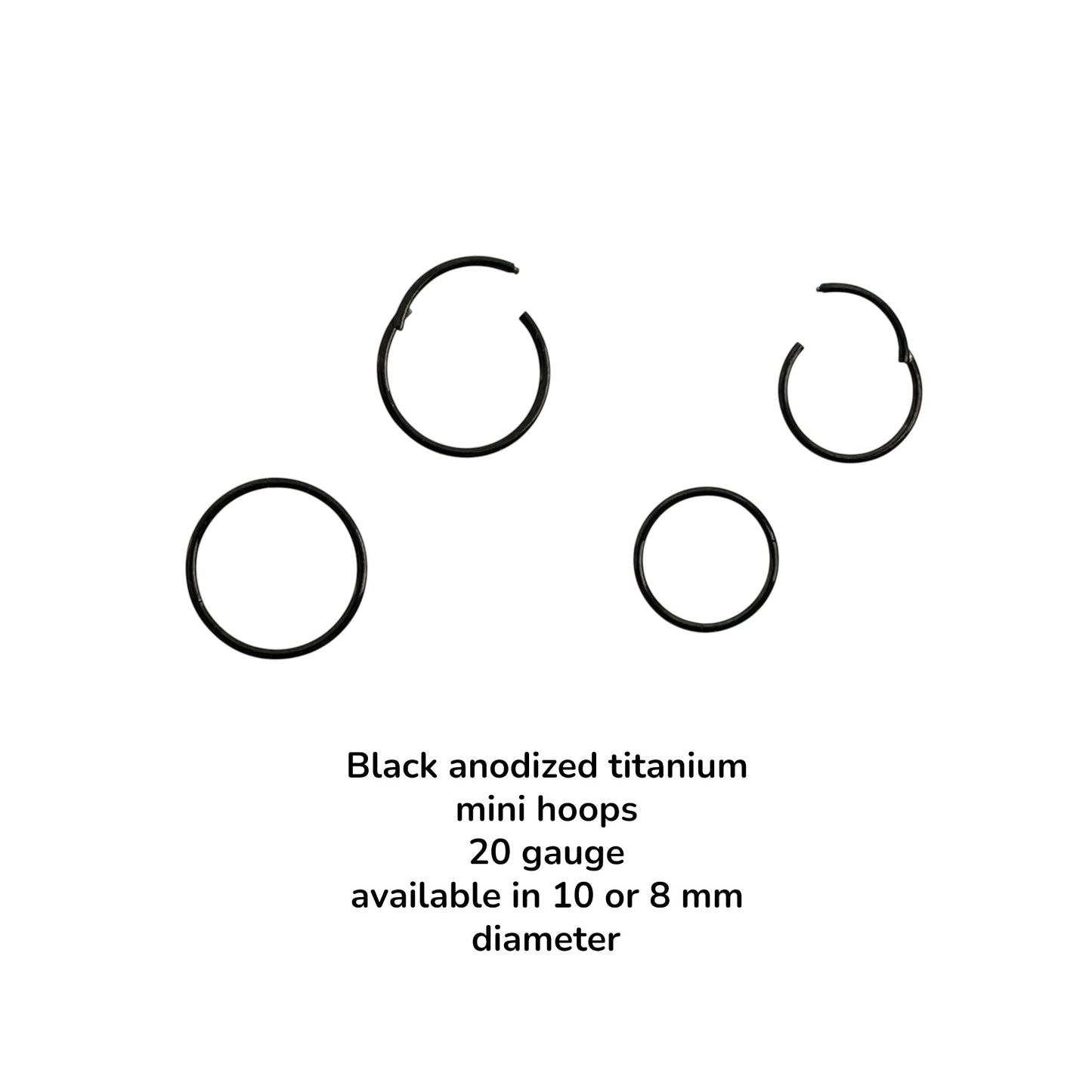 Black anodized titanium mini hoop earrings on a white background with text detailing gauge and diameter.