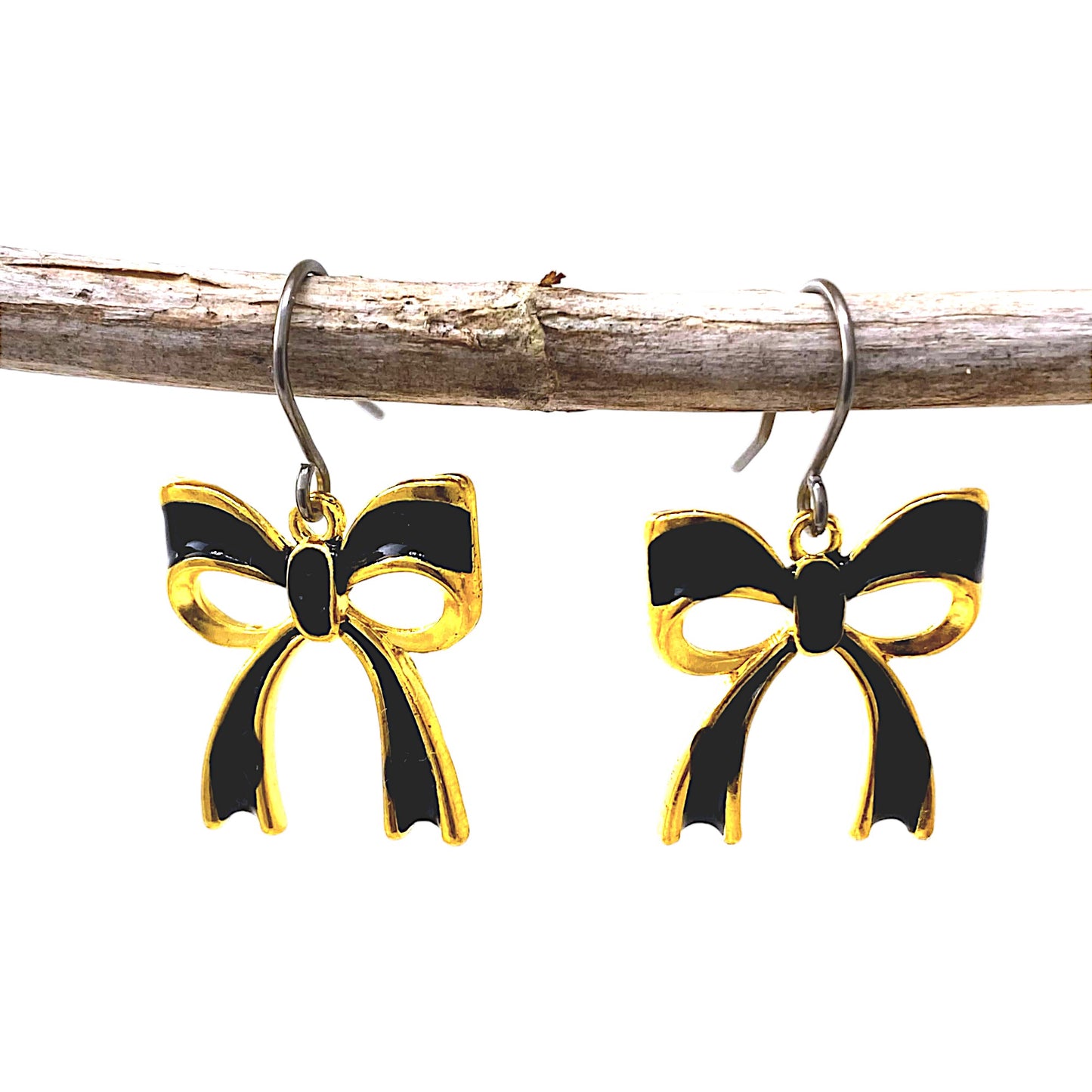 Black and gold Bow Charm earrings with titanium hook
