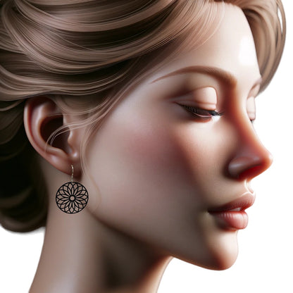 Black Flower Wheel Earrings with titanium hook on a white woman