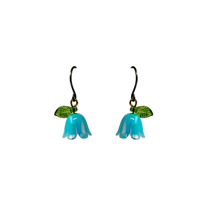 Blue Bell flower titanium earrings on a white background