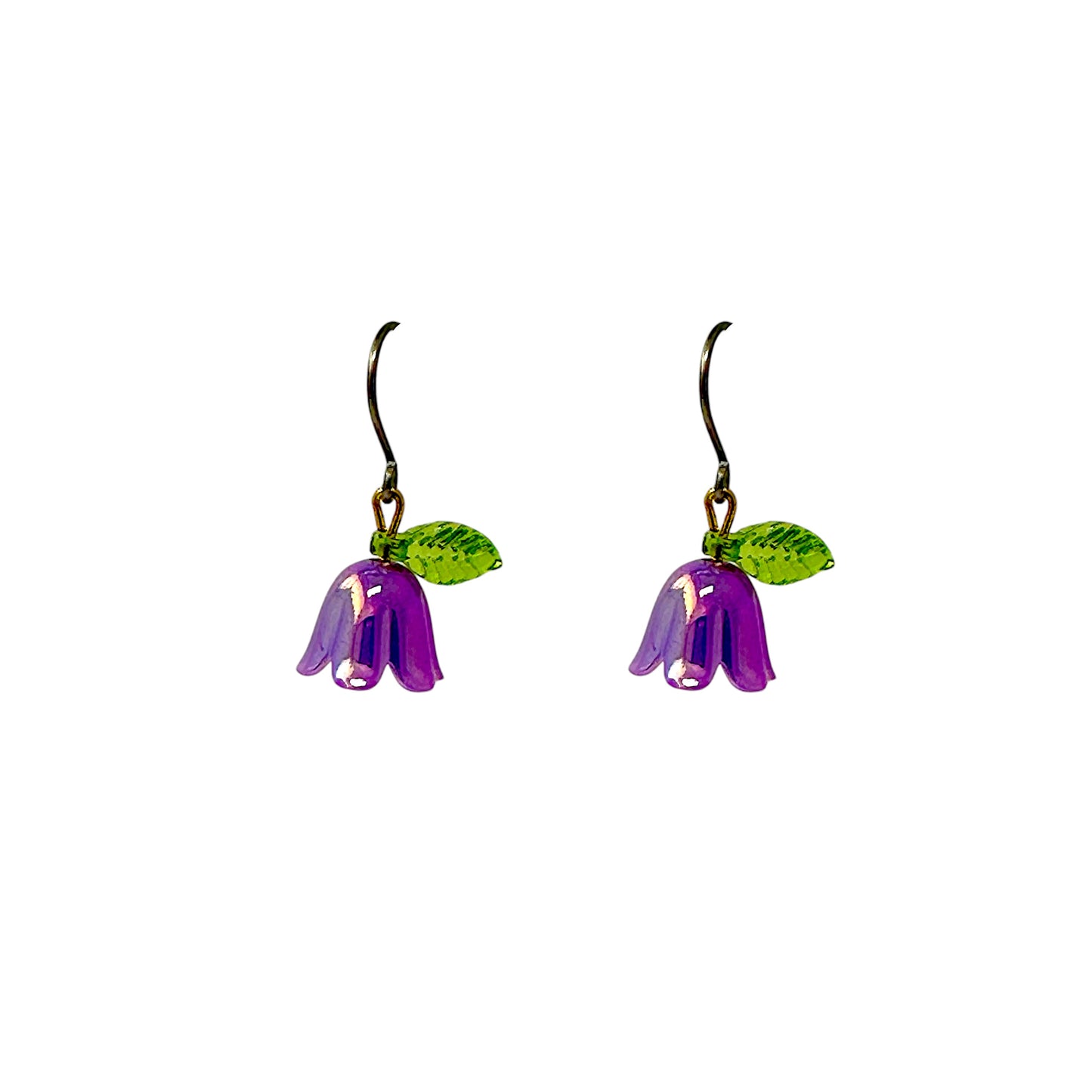 Blue Bell purple flower titanium earrings on a white background