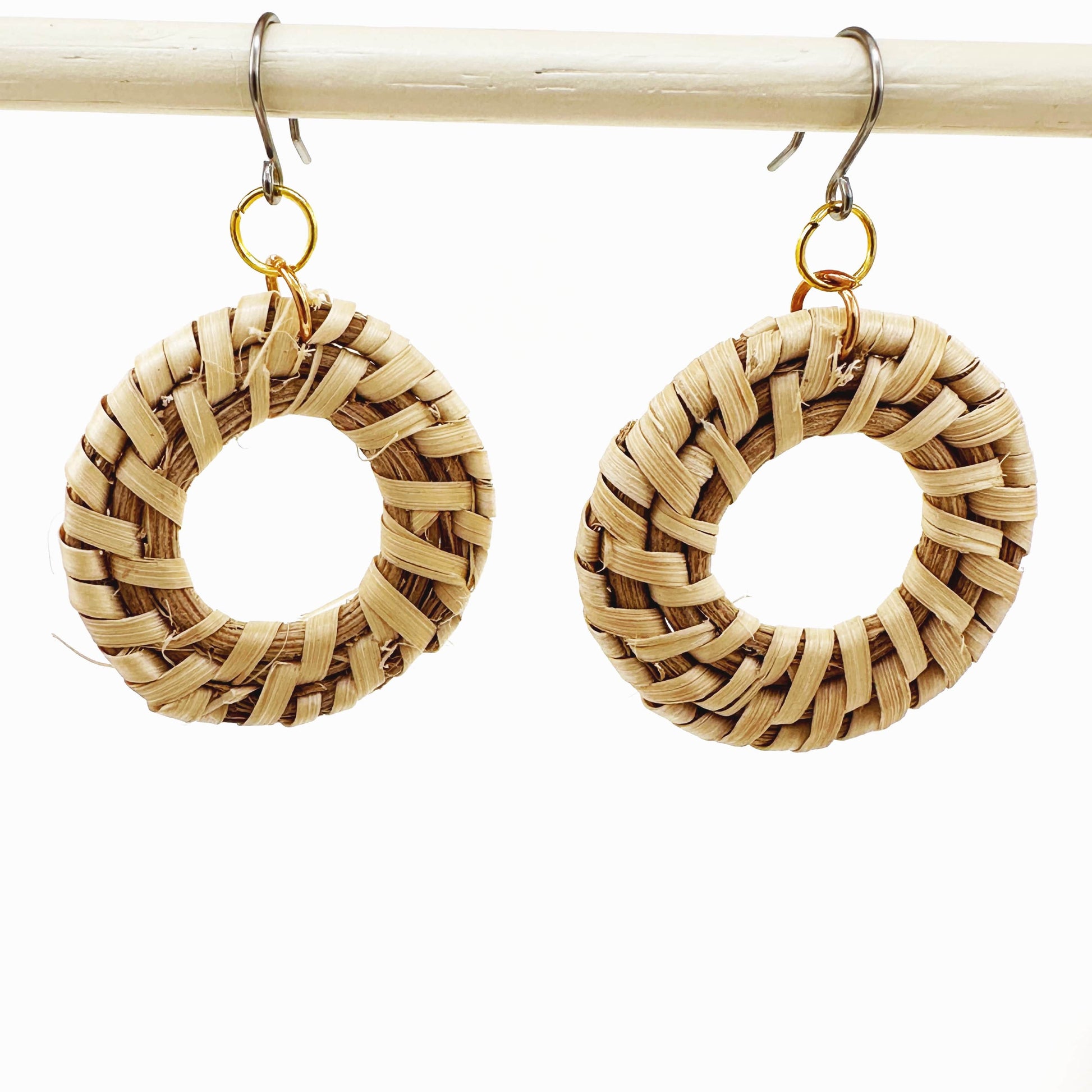 Bohemia beige wicker geometric earrings with titanium hook 