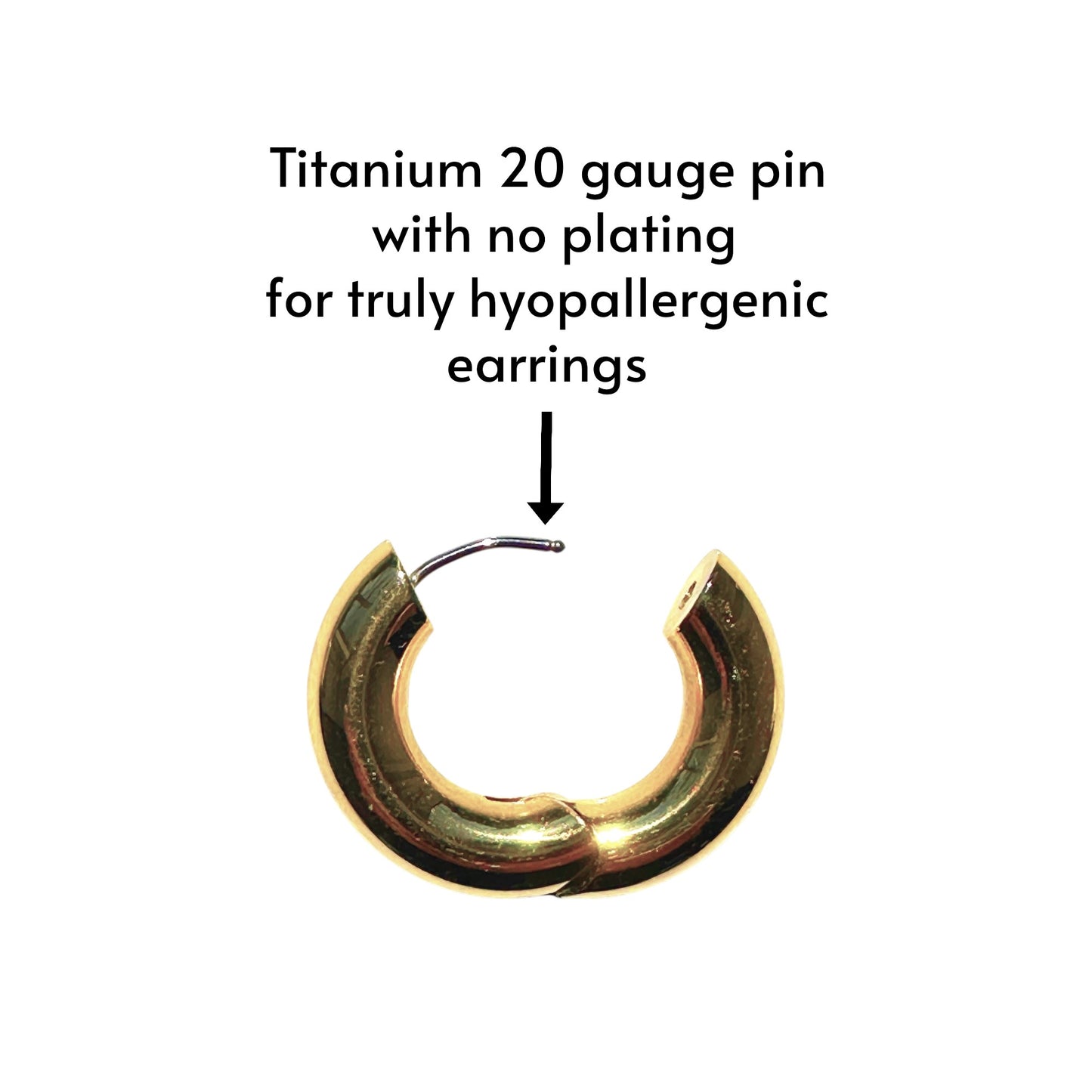 Gold titanium hoop earring with titanium 20 gauge pin on a white background