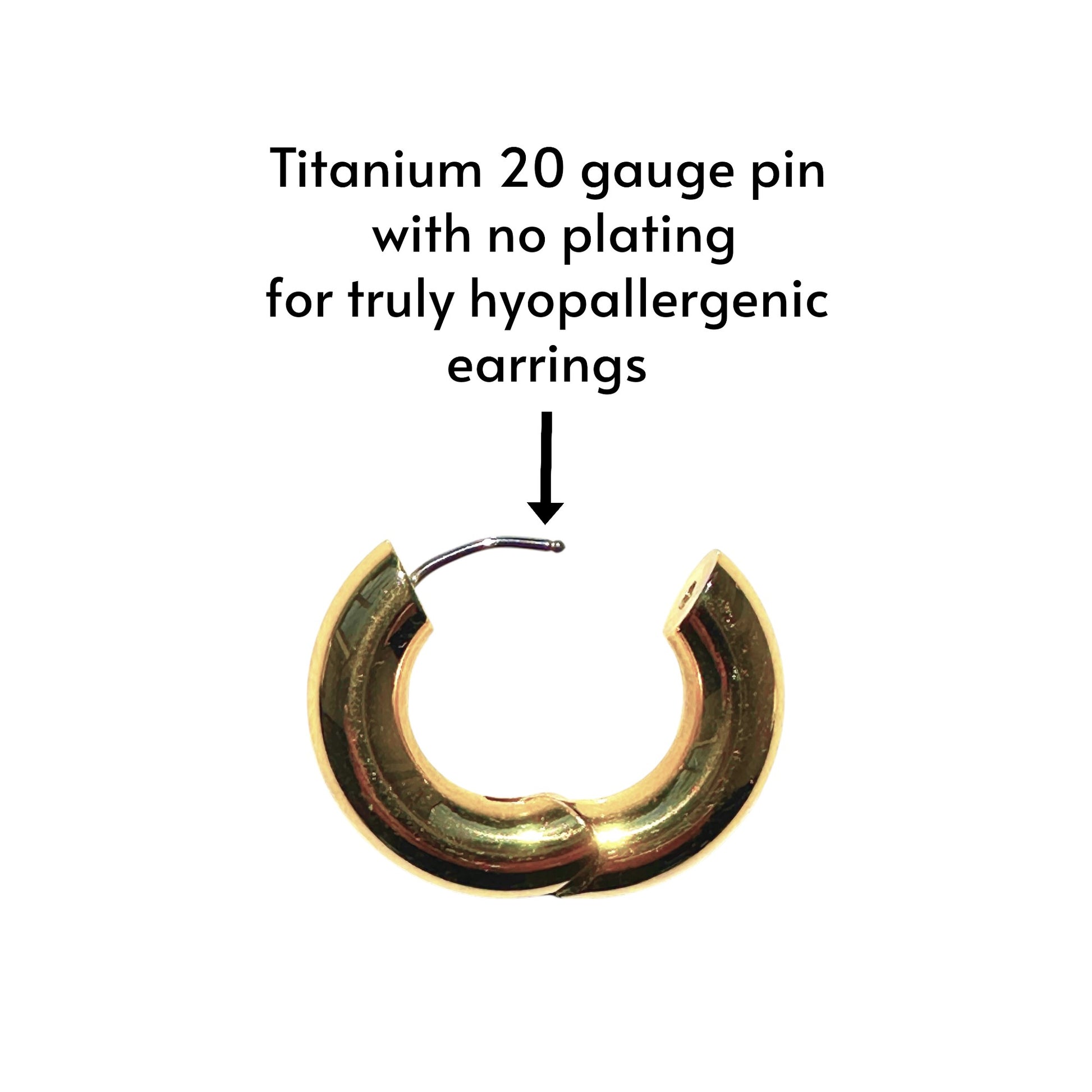 Gold titanium hoop earring with titanium 20 gauge pin on a white background