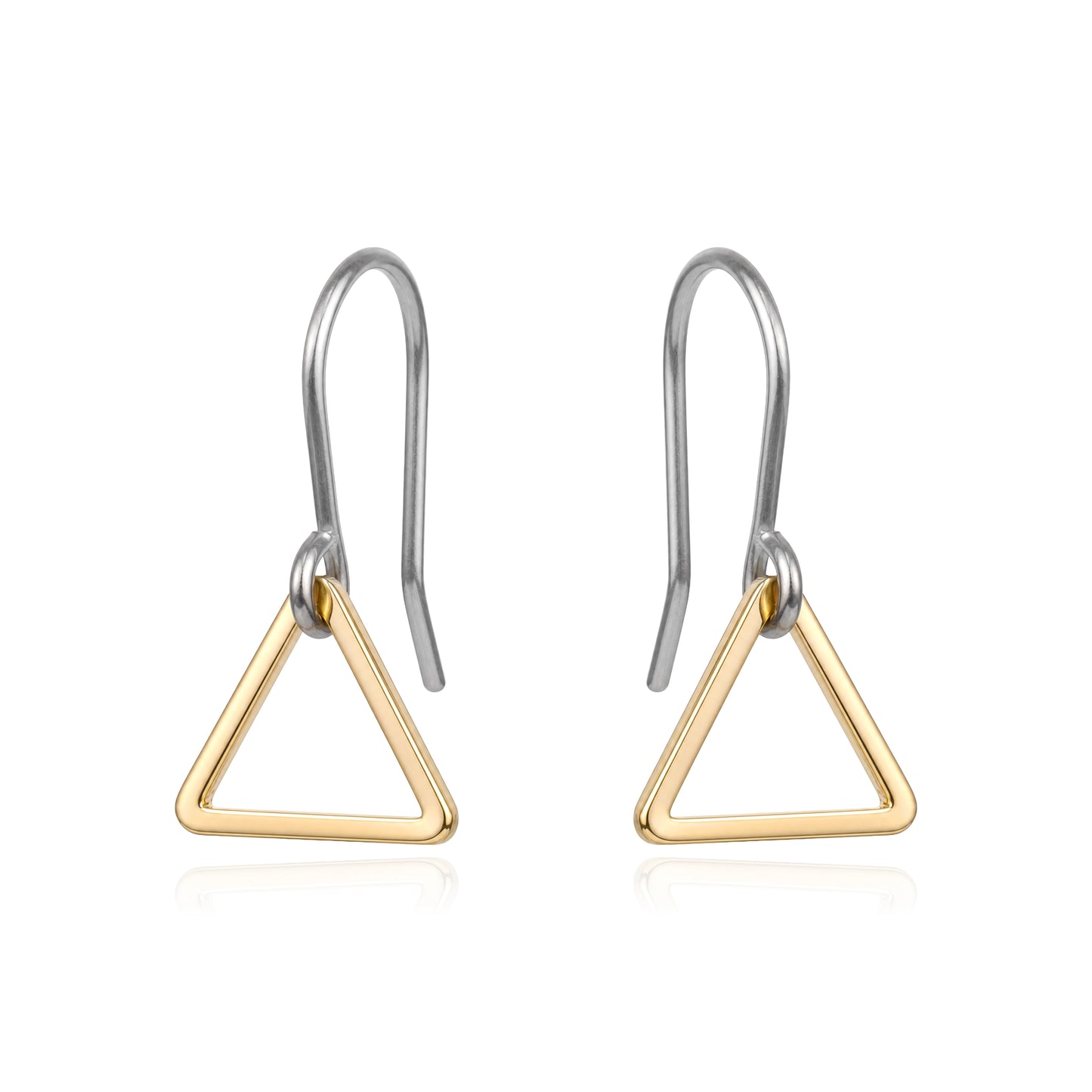 Minimal gold triangle drop earring with a titanium hook on a white background