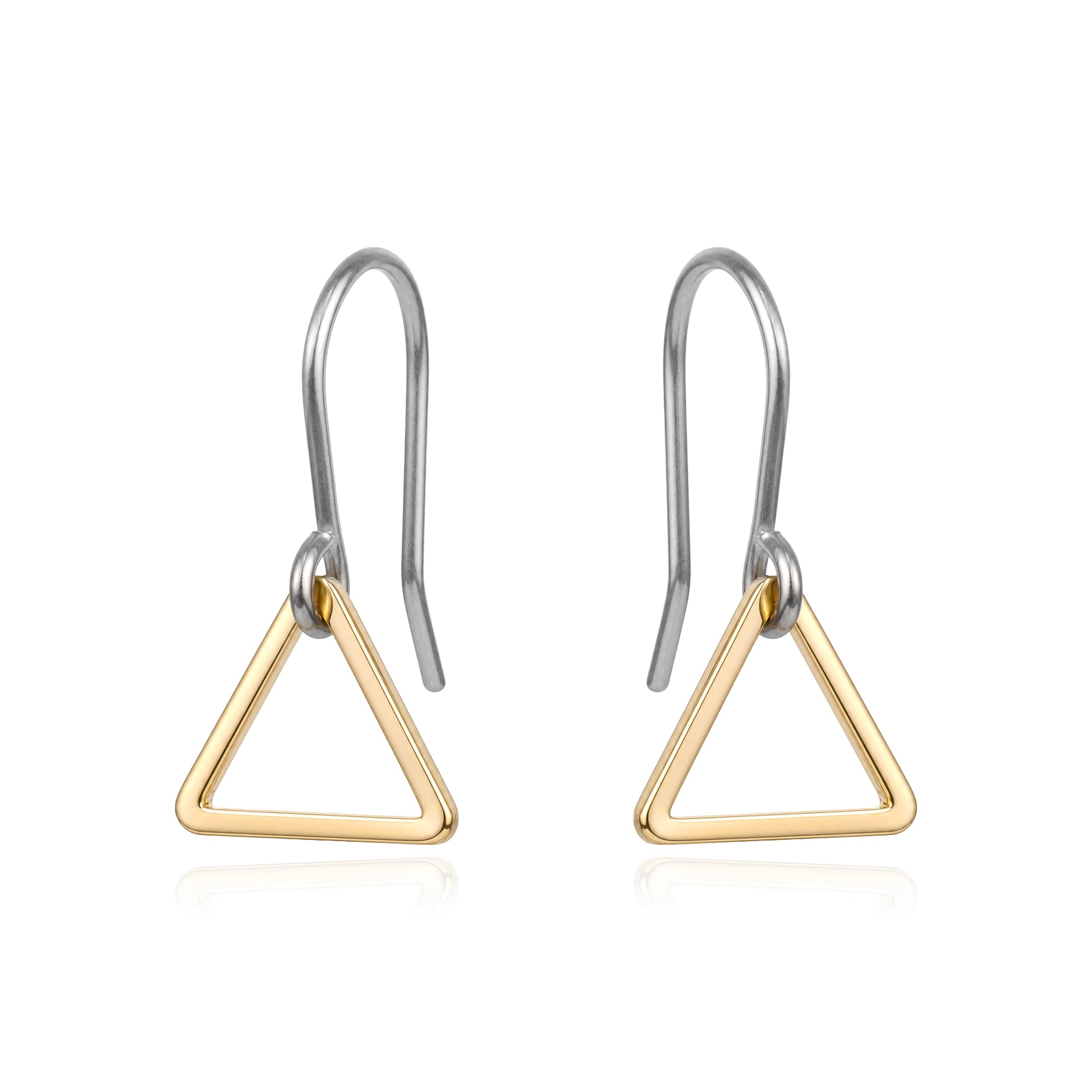 Minimal gold triangle drop earring with a titanium hook on a white background