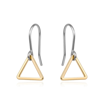 Minimal gold triangle drop earring with a titanium hook on a white background