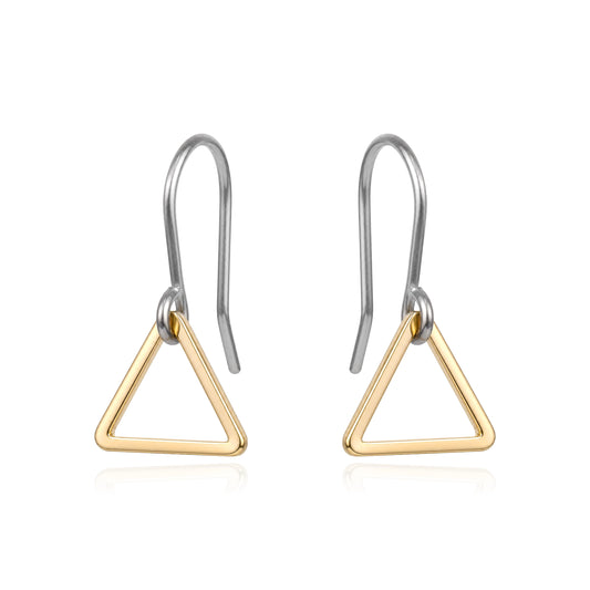 Minimal gold triangle drop earring with a titanium hook on a white background