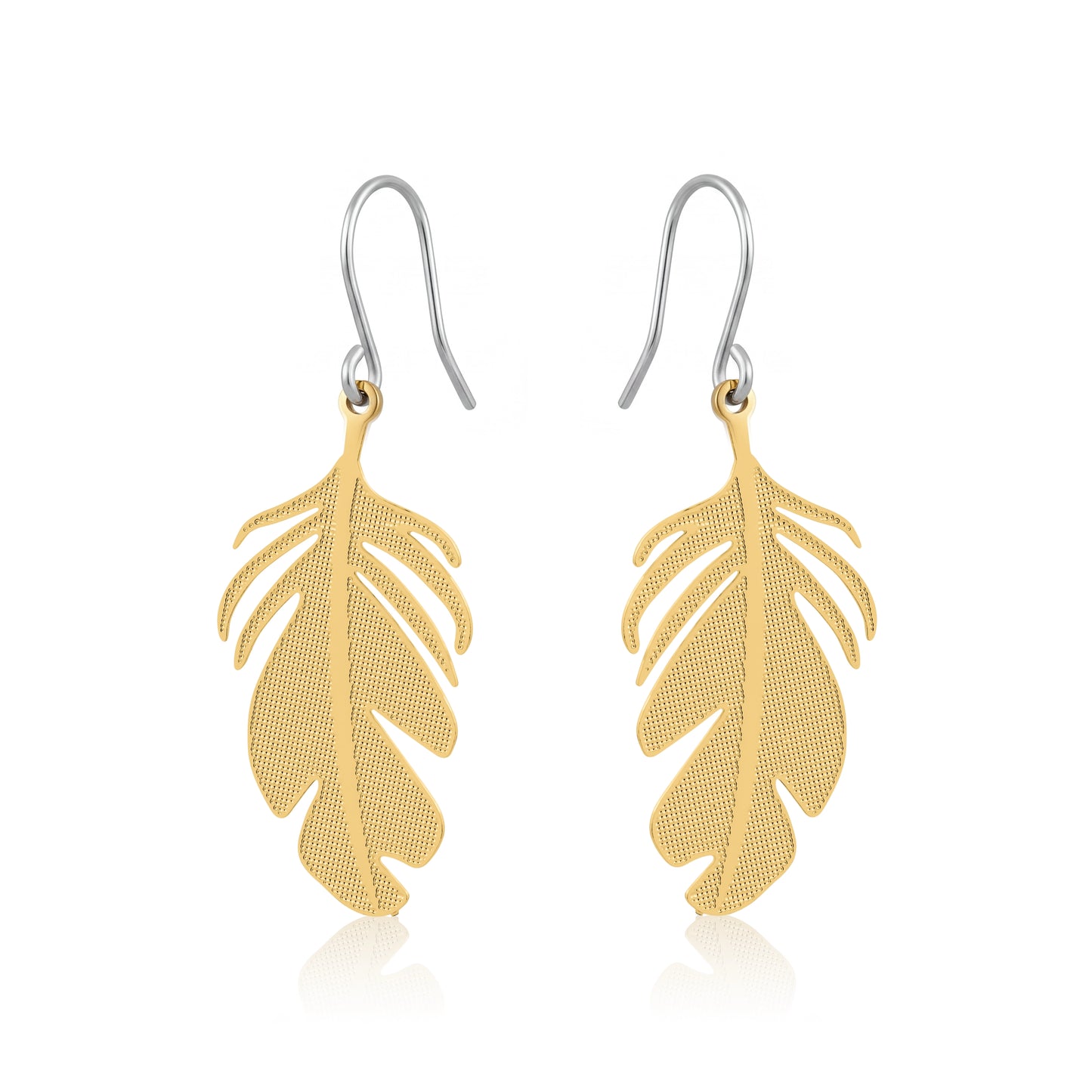 Stylized gold monstera leaf earring with a titanium hook on a white background