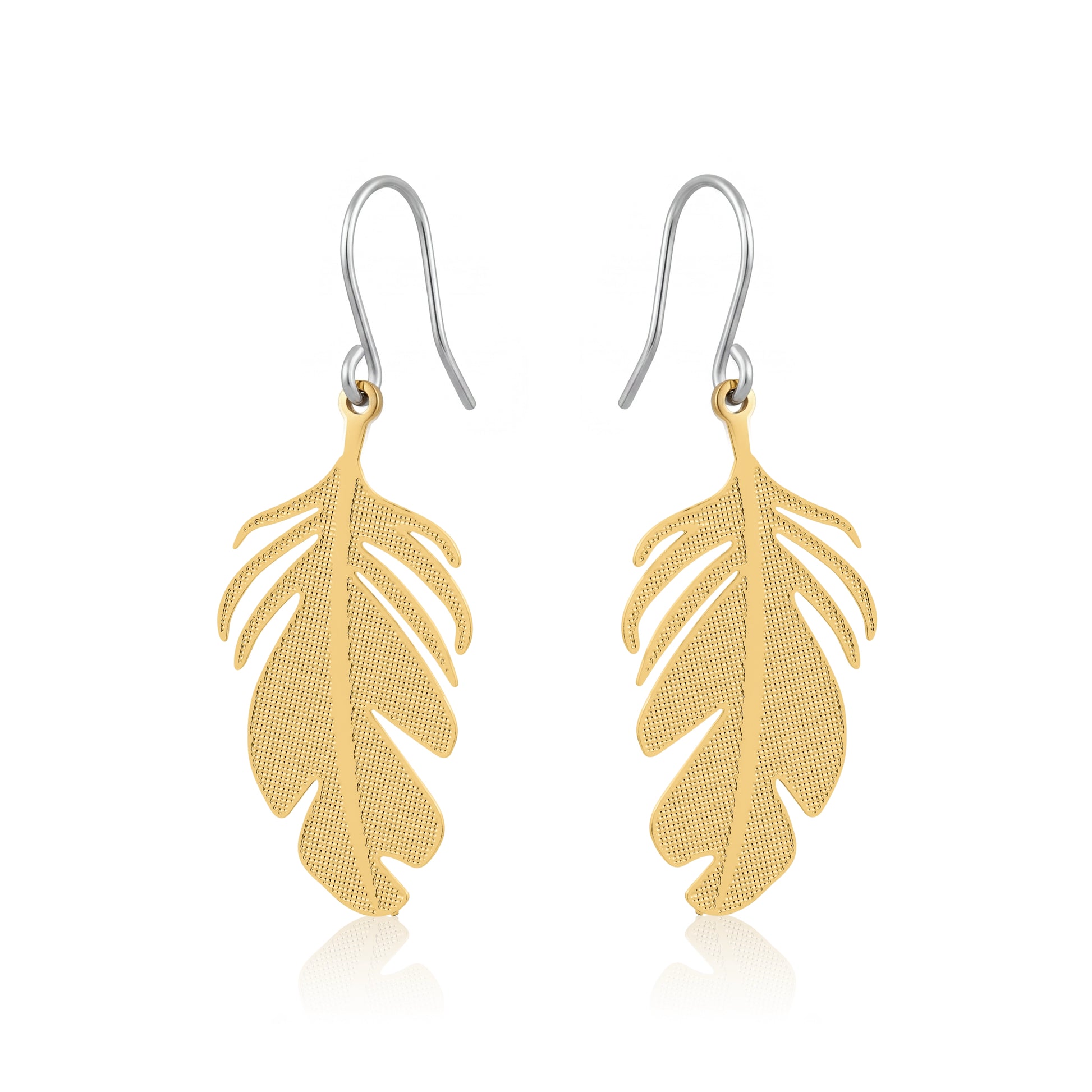 Stylized gold monstera leaf earring with a titanium hook on a white background