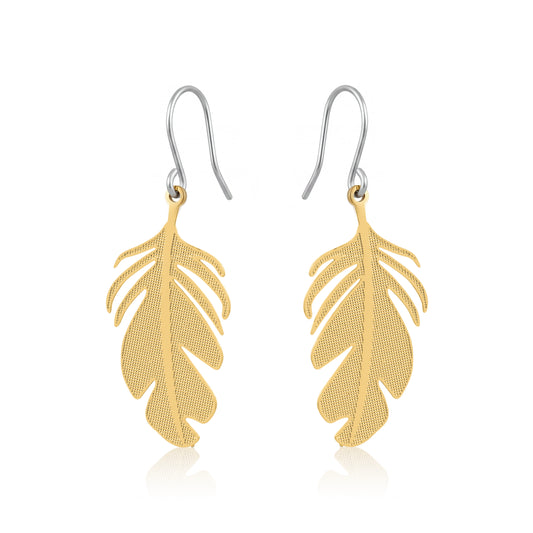 Stylized gold monstera leaf earring with a titanium hook on a white background