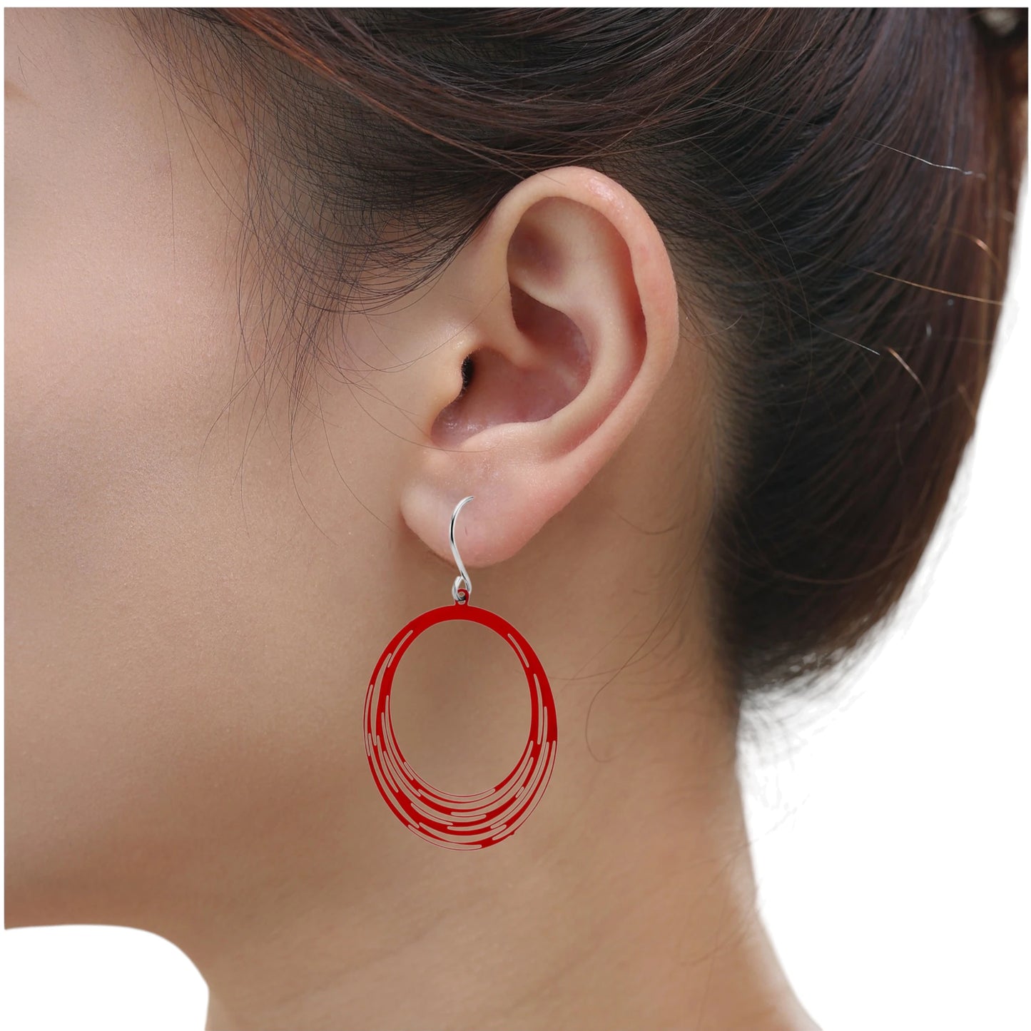 Red String Ring earrings with titanium hook on a white young woman