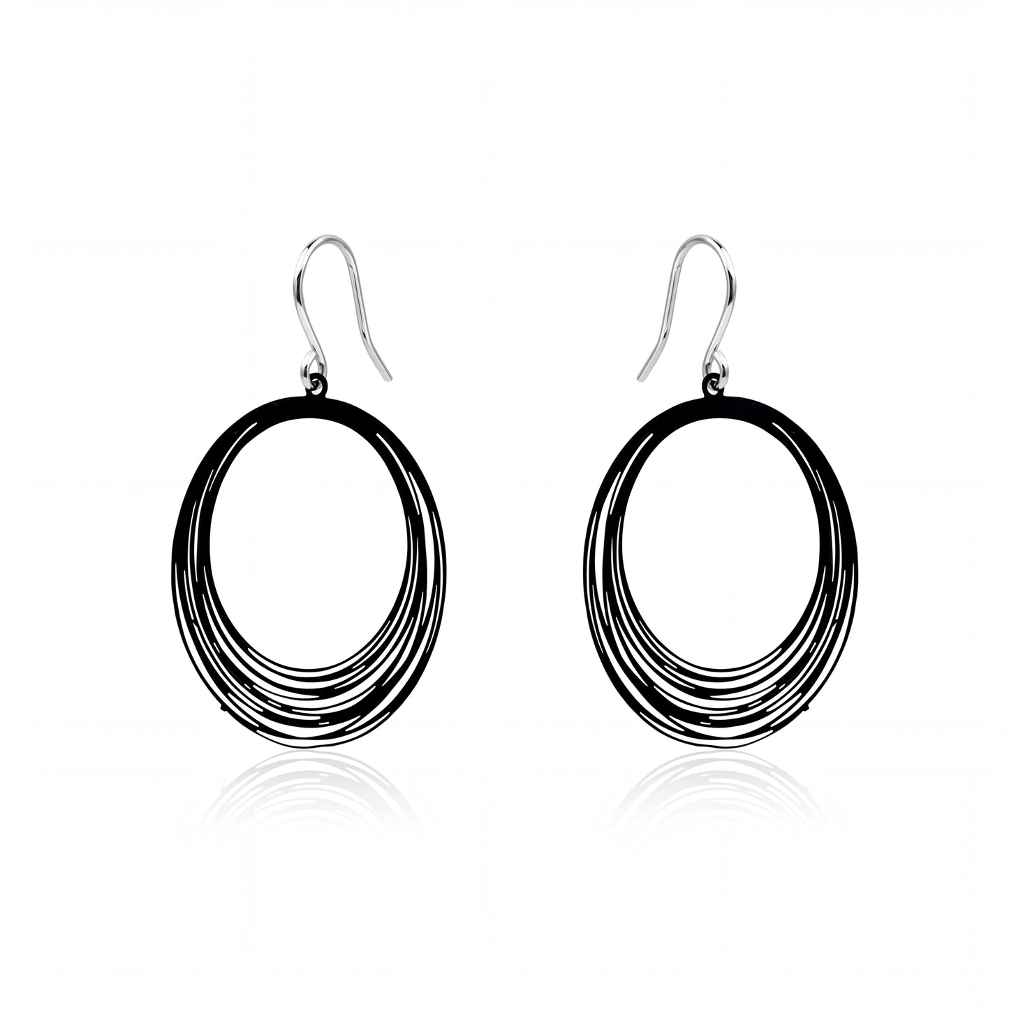 Black String Ring earrings with titanium hook on a white background